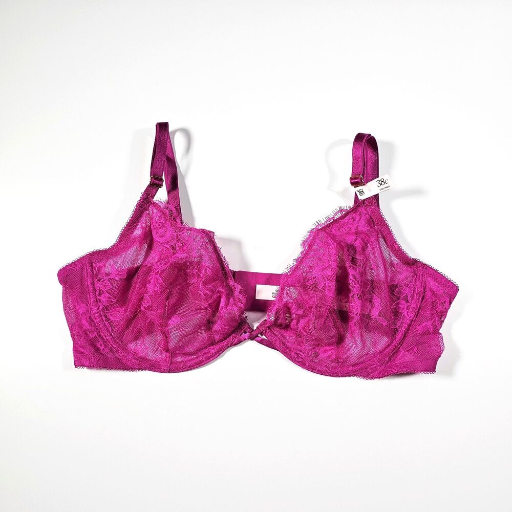 Victoria's Secret Very Sexy Rose Lace Unlined Low Cut Demi Bra 38C Fuchsia Pink